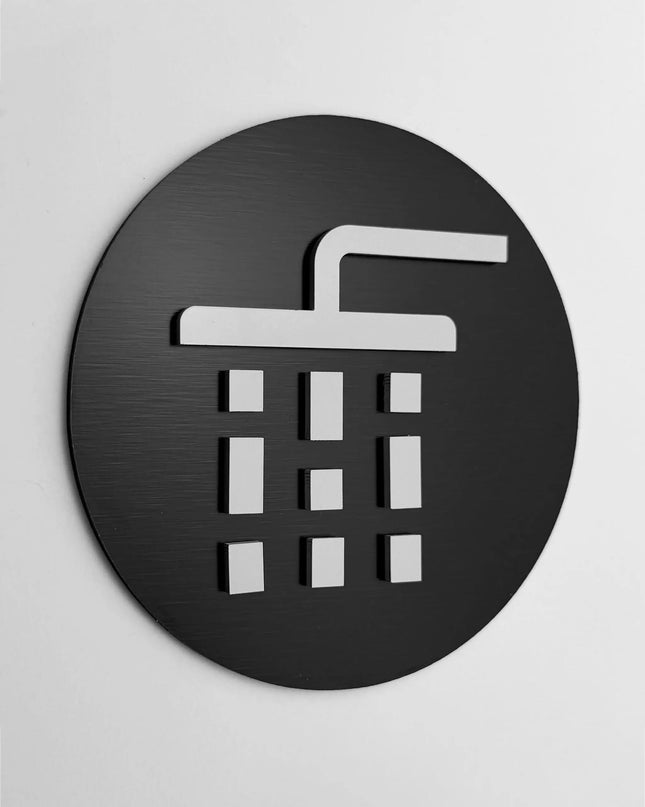ALUMADESIGNCO shower door sign with minimalist design, premium bathroom signage for spas, gyms, hotels, and commercial buildings