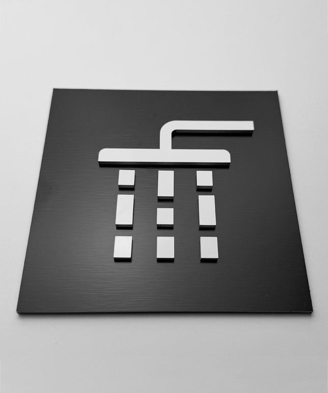 ALUMADESIGNCO bathroom shower sign for doors, premium interior wayfinding signage for hotels, apartments, gyms, and commercial spaces