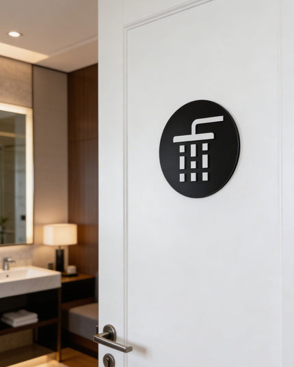 ALUMADESIGNCO bathroom shower sign for doors, premium interior wayfinding signage for hotels, apartments, gyms, and commercial spaces