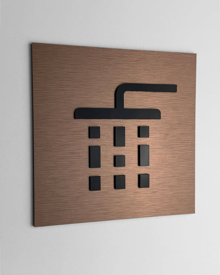 ALUMADESIGNCO shower room door sign with minimalist modern style, bathroom signage for hotels, gyms, spas, and contemporary interiors