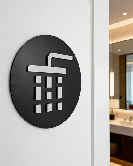 Premium shower room plaque by ALUMADESIGNCO, modern bathroom door sign for spas, hotels, offices, and public interiors