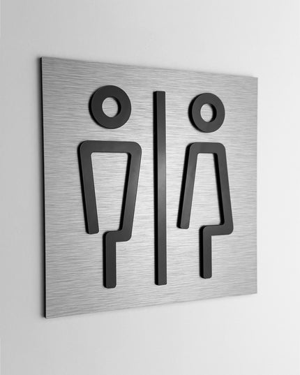 ALUMADESIGNCO women and men bathroom door sign with minimalist modern style, restroom signage for offices, hotels, cafés, and contemporary interiors