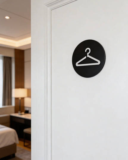 ALUMADESIGNCO fitting room door sign for retail spaces, premium interior signage for boutiques, hotels, showrooms, and commercial buildings