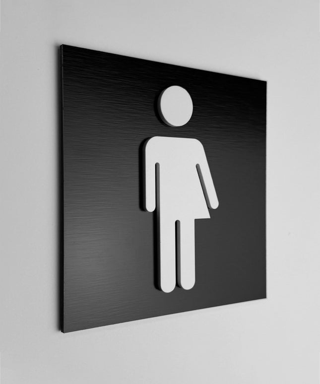 ALUMADESIGNCO gender neutral restroom sign with modern inclusive pictogram, premium bathroom door signage for offices, hotels, cafés, and commercial interiors