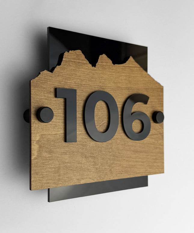 ALUMADESIGNCO Alpine Design standoff wood room number sign with raised acrylic numbers, premium wooden door signage for hotels, apartments, and Airbnb properties