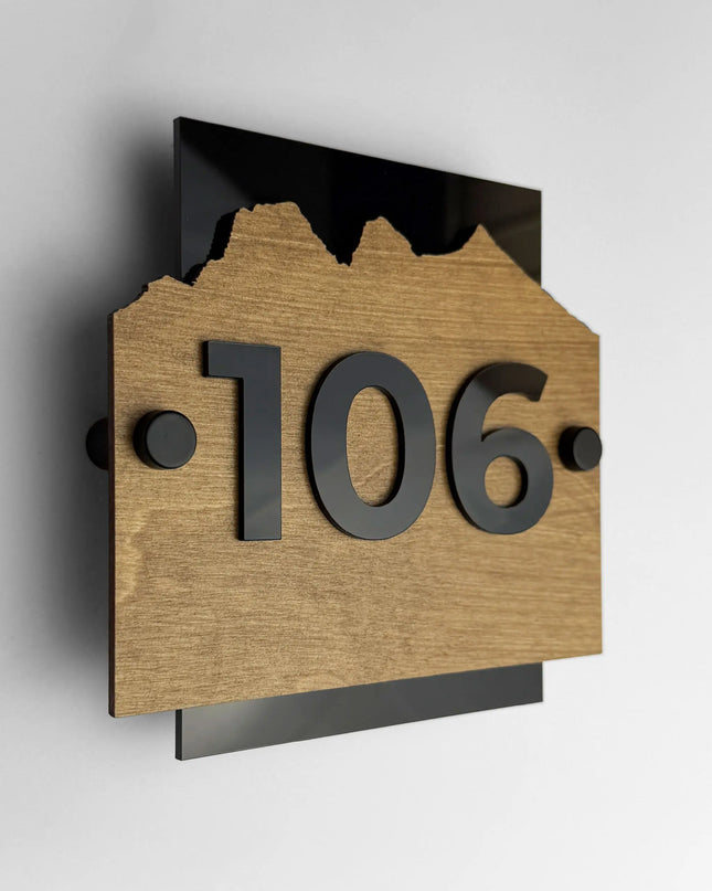 ALUMADESIGNCO Alpine Design standoff wood room number sign with raised acrylic numbers, premium wooden door signage for hotels, apartments, and Airbnb properties