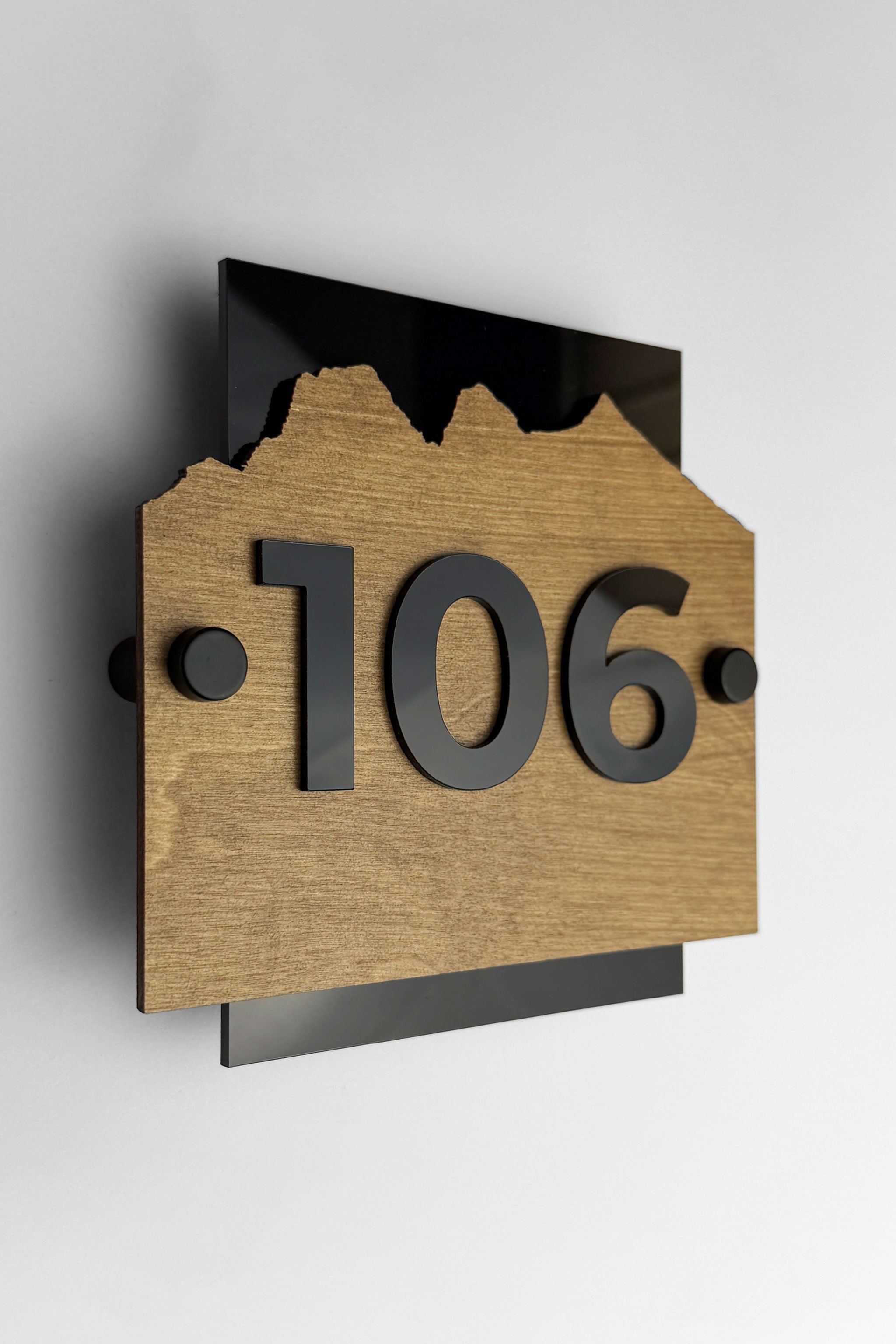 ALUMADESIGNCO Alpine Design standoff wood room number sign with raised acrylic numbers, premium wooden door signage for hotels, apartments, and Airbnb properties