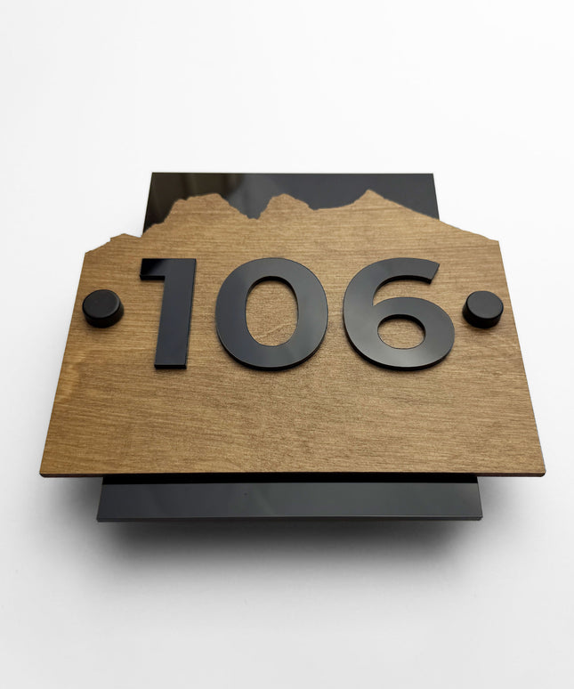 Modern standoff wood room number sign Alpine Design by ALUMADESIGNCO with natural birch wood plaque and acrylic numbers for hotel rooms and apartment doors
