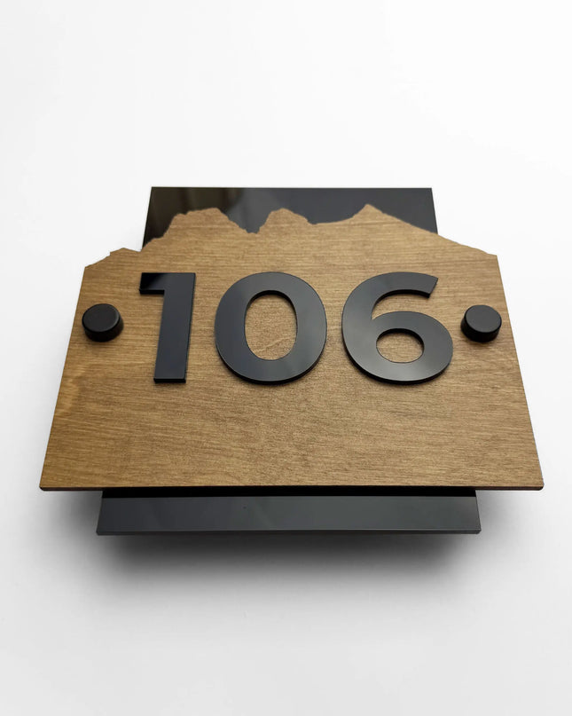 Modern standoff wood room number sign Alpine Design by ALUMADESIGNCO with natural birch wood plaque and acrylic numbers for hotel rooms and apartment doors