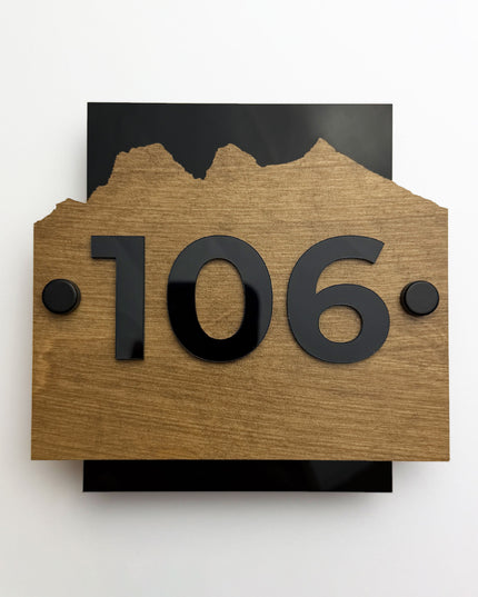 ALUMADESIGNCO Alpine wooden door number sign with standoff mounting, modern room number plaque for hotels, Airbnb properties, and office interiors