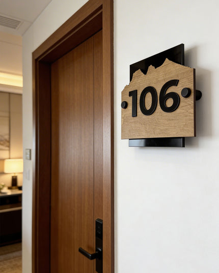 ALUMADESIGNCO Alpine Design wood wall number sign with standoff mounting and 3D acrylic numbers for boutique hotels and modern apartment interiors