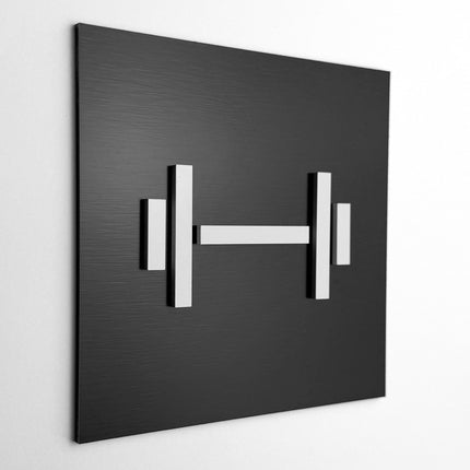 ALUMADESIGNCO gym door sign with modern lettering, premium fitness room signage for hotels, offices, apartments, and contemporary interiors