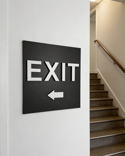 ALUMADESIGNCO exit sign for doors and walls with left arrow, premium wayfinding signage for offices, hotels, apartments, and commercial spaces