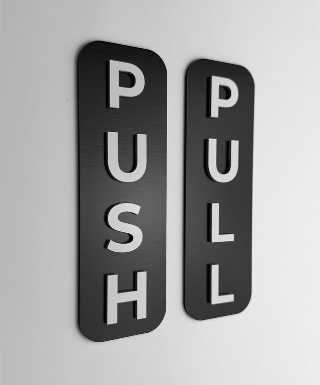 ALUMADESIGNCO push and pull signage with modern lettering, premium door sign for offices, hotels, restaurants, shops, and contemporary interiors