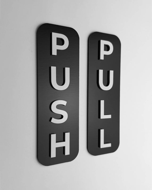 ALUMADESIGNCO push and pull signage with modern lettering, premium door sign for offices, hotels, restaurants, shops, and contemporary interiors