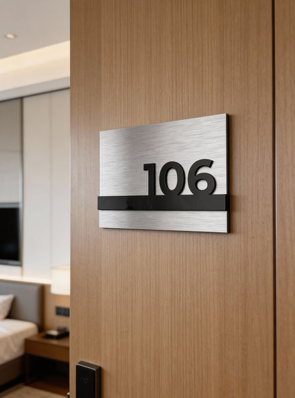 ALUMADESIGNCO custom silver metal and black acrylic room number sign with minimalist modern design, premium signage for boutique hotels and apartment buildings
