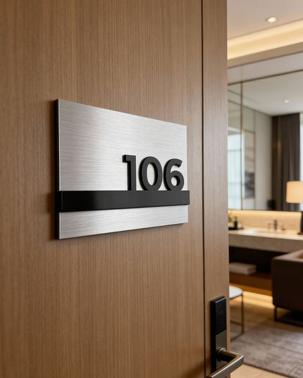 Modern custom hotel room door sign by ALUMADESIGNCO combining silver metal panel and black acrylic numbers, stylish door signage for hotels and apartments