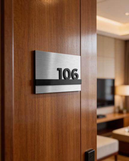 ALUMADESIGNCO custom hotel room door sign with silver metal plaque and black acrylic numbers, modern door signage for hotels, apartments, Airbnb properties, and offices