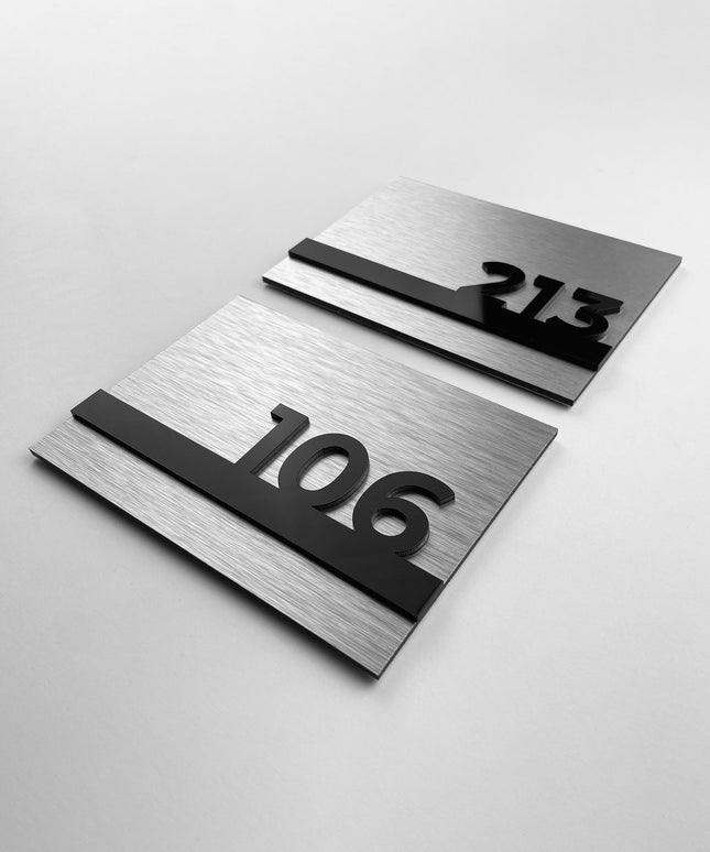ALUMADESIGNCO silver hotel door number plaque with black acrylic numbers, custom signage for hotels, offices, and residential buildings
