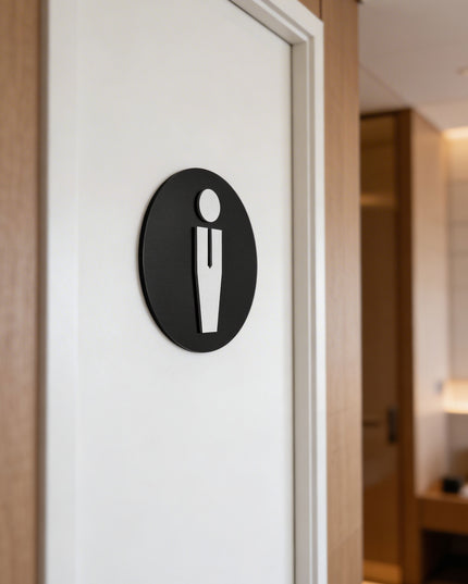 ALUMADESIGNCO round male restroom sign for doors, premium bathroom wayfinding signage for offices, hotels, apartments, and commercial spaces