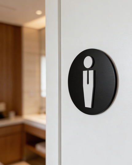 Modern round male toilet sign by ALUMADESIGNCO featuring clean durable style, elegant restroom signage for hotels, cafés, offices, and public interiors
