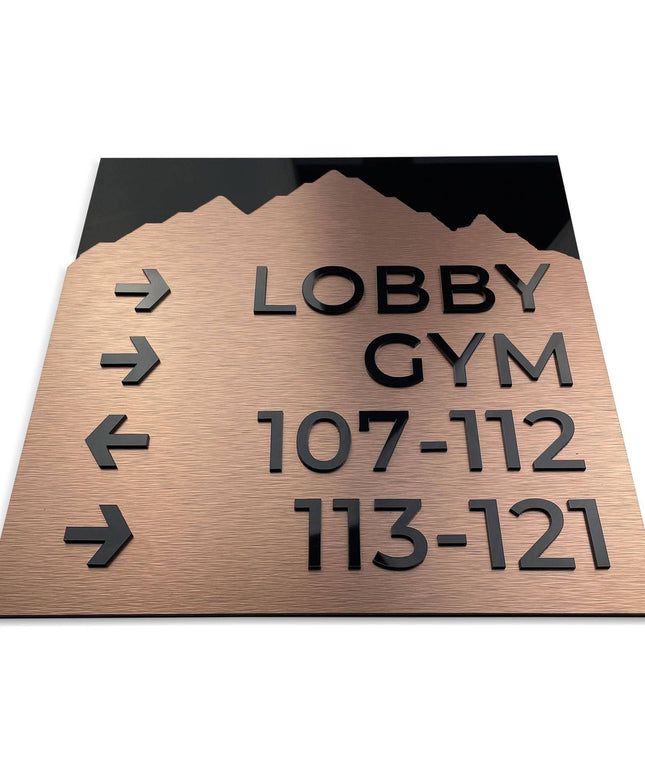 Directional Bronze Wayfinding Sign - Aluminium Plate "Mountain" Design - ALUMADESIGNCO Door Signs - Custom Door Signs For Business & Office