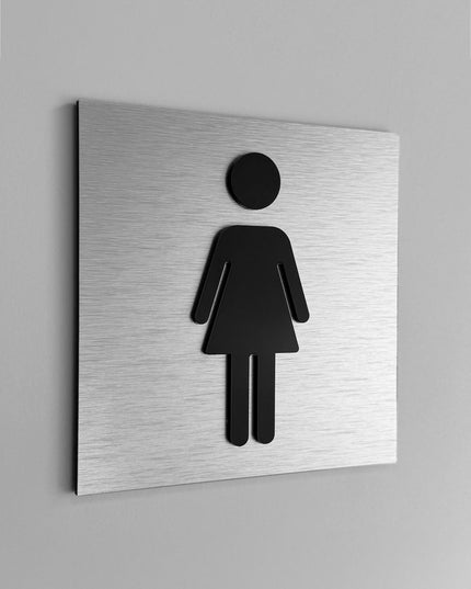 ALUMADESIGNCO Silver women’s bathroom door sign with clean modern style, durable restroom signage for offices, hotels, cafés, and contemporary interiors