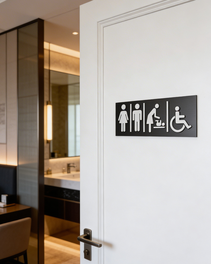 ALUMADESIGNCO all gender toilet sign for doors, premium inclusive restroom wayfinding signage for offices, hotels, apartments, and commercial spaces