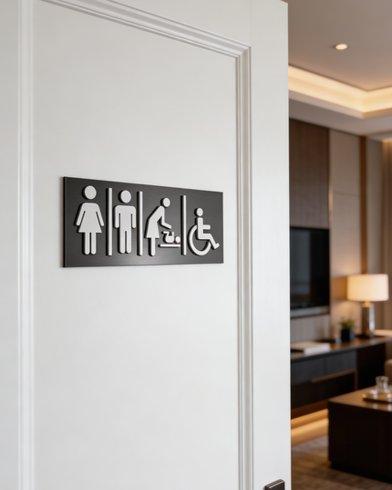 Modern all gender bathroom sign by ALUMADESIGNCO featuring clean inclusive style, elegant restroom signage for hotels, cafés, offices, and public interiors