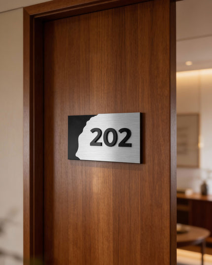 Modern Fusion Design 3D layered suite number plaque by ALUMADESIGNCO combining layered materials and acrylic numbers, stylish door signage for hospitality interiors