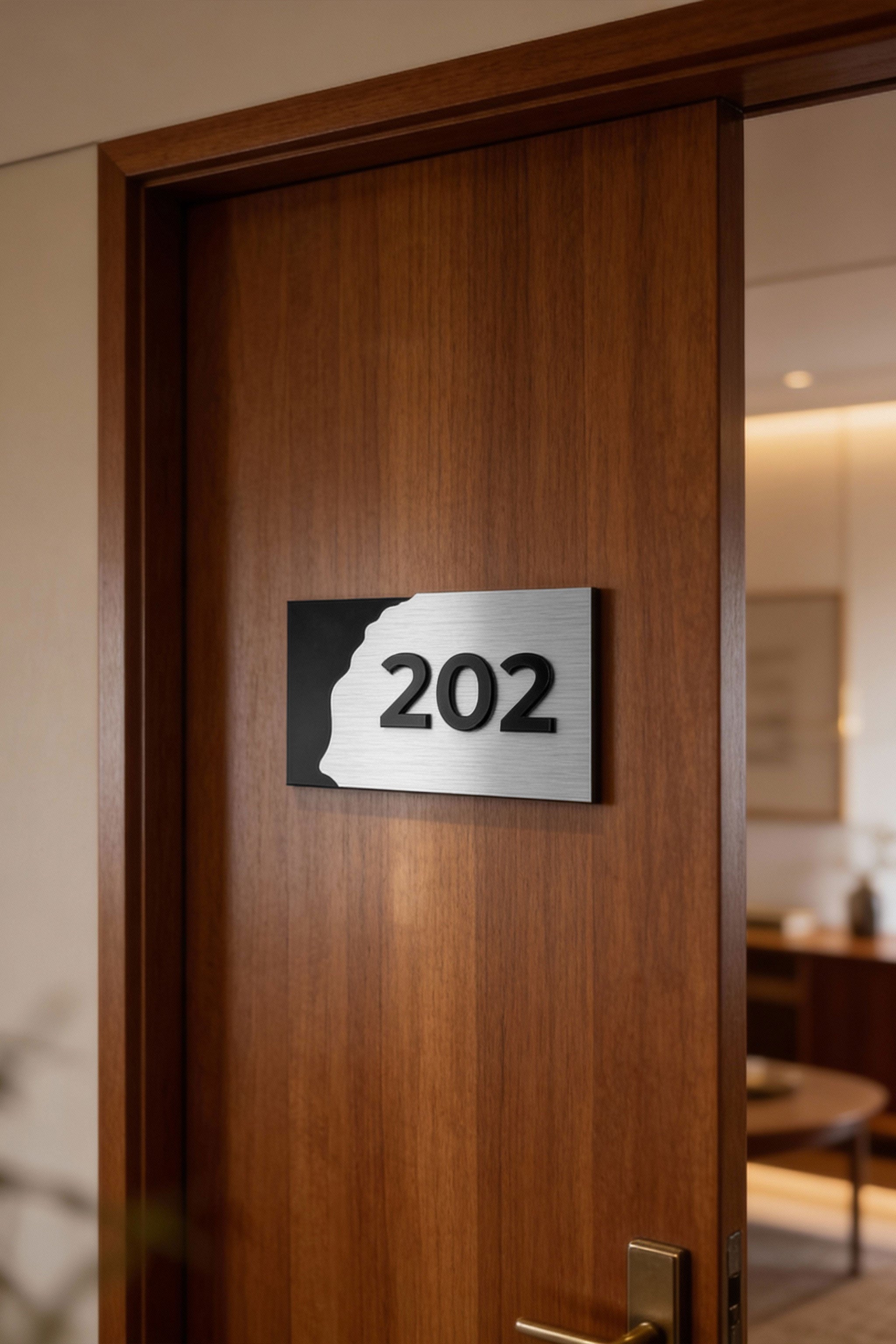 Modern Fusion Design 3D layered suite number plaque by ALUMADESIGNCO combining layered materials and acrylic numbers, stylish door signage for hospitality interiors