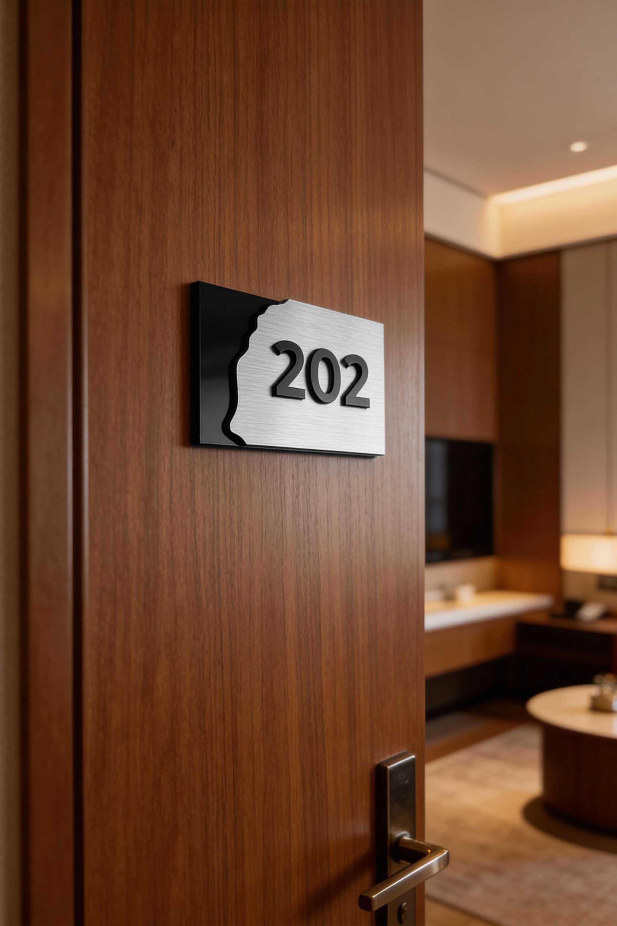 ALUMADESIGNCO Fusion Design layered suite room number sign with 3D acrylic numbers, modern signage for boutique hotels, Airbnb properties, and offices