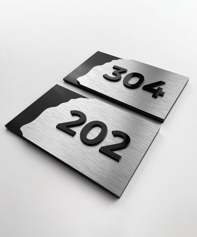 3D layered suite room number sign Fusion Design by ALUMADESIGNCO featuring wood and acrylic layers, modern door plaque for hotel suites and apartment interiors