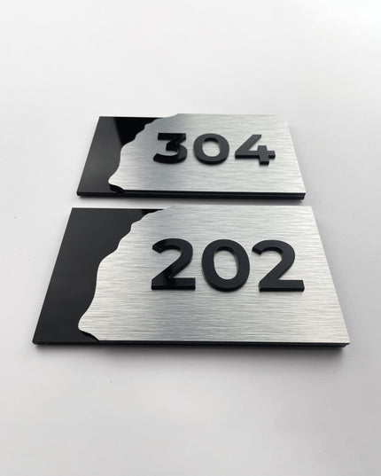 ALUMADESIGNCO Fusion 3D layered suite door number sign with raised acrylic numbers, premium signage for hotels, offices, and residential interiors