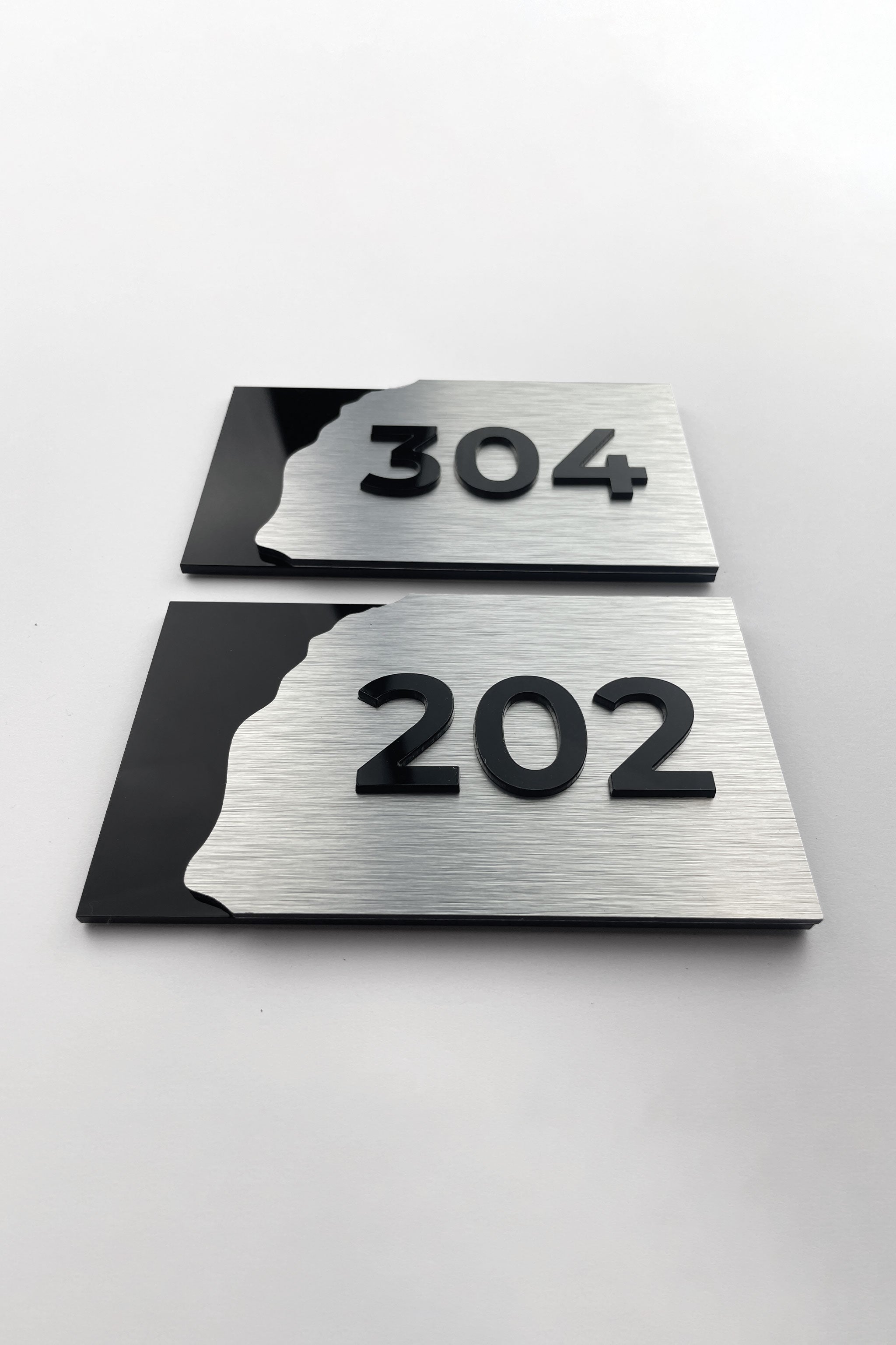 ALUMADESIGNCO Fusion 3D layered suite door number sign with raised acrylic numbers, premium signage for hotels, offices, and residential interiors