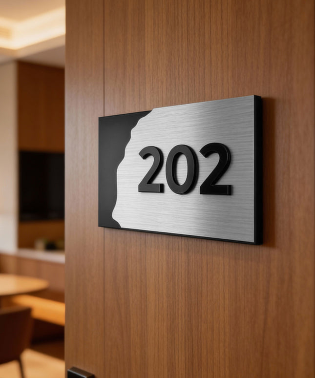 ALUMADESIGNCO Fusion Design 3D layered suite room number sign with raised acrylic numbers, modern door signage for hotel suites, apartments, Airbnb properties, and offices