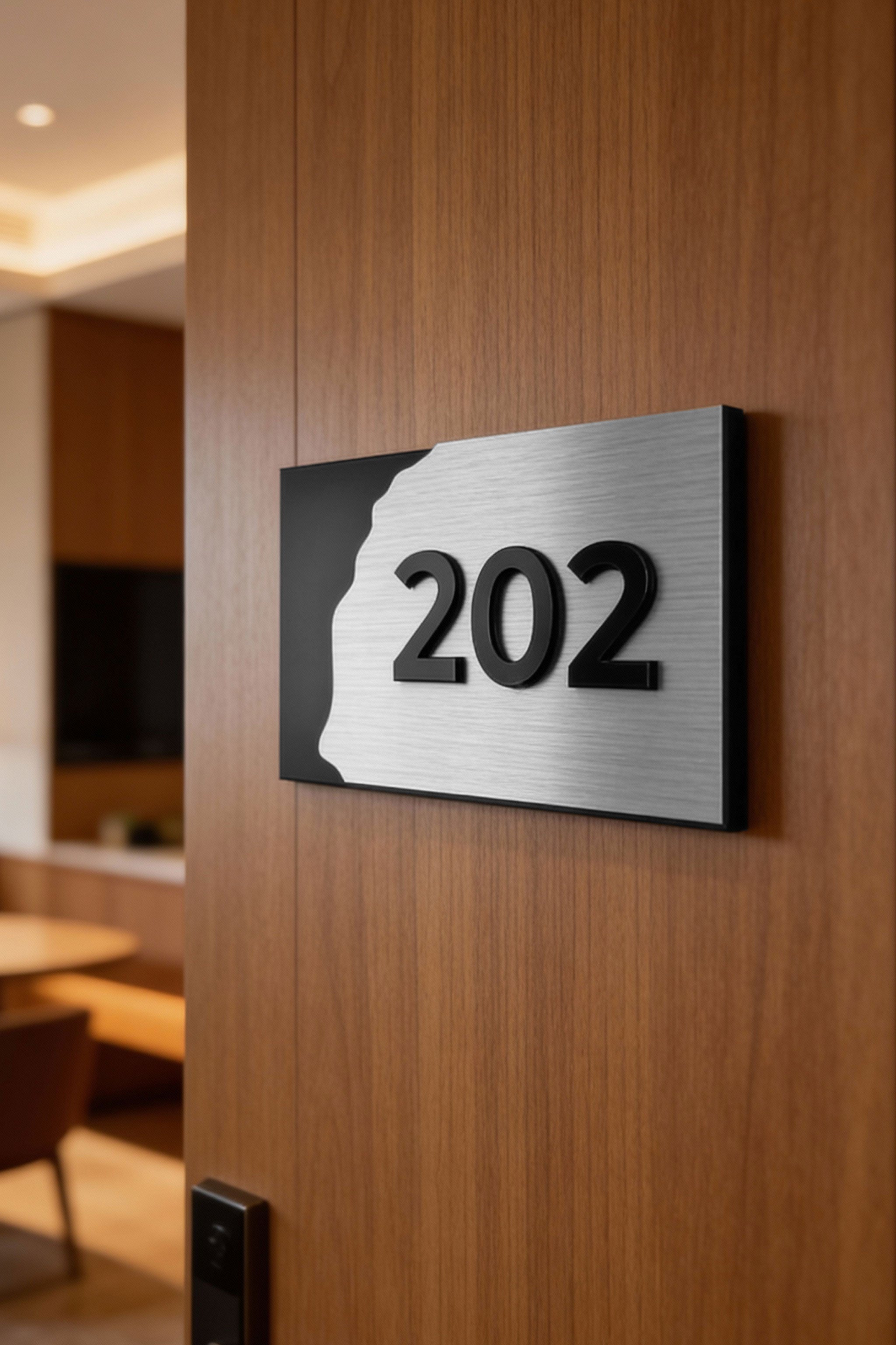 ALUMADESIGNCO Fusion Design 3D layered suite room number sign with raised acrylic numbers, modern door signage for hotel suites, apartments, Airbnb properties, and offices