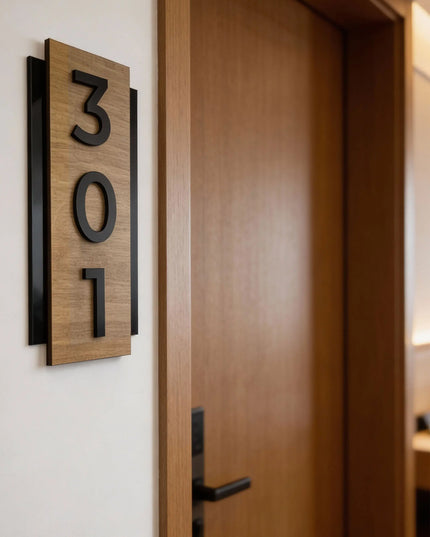 Vertikale Hotelbeschilderung aus Holz mit kontrastreichen schwarzen 3D-Acrylzahlen und sichtbarer Maserung zur Kennzeichnung von Hotelzimmern.