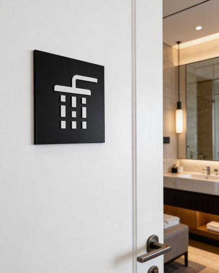 ALUMADESIGNCO shower room door sign with modern lettering, premium bathroom signage for hotels, spas, gyms, offices, and commercial interiors