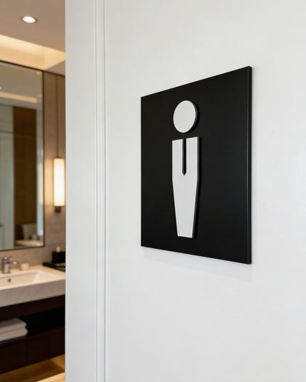 Modern man bathroom sign by ALUMADESIGNCO featuring clean durable style, elegant restroom signage for hotels, cafés, offices, and public interiors