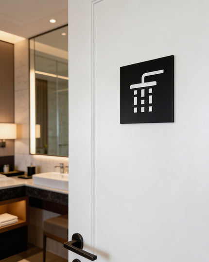Shower room door sign by ALUMADESIGNCO, stylish plaque for bathrooms, wellness spaces, hotels, and contemporary interior spaces