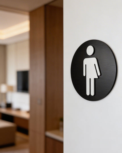 Modern unisex bathroom sign by ALUMADESIGNCO featuring clean inclusive style, elegant restroom signage for hotels, cafés, offices, and public interiors