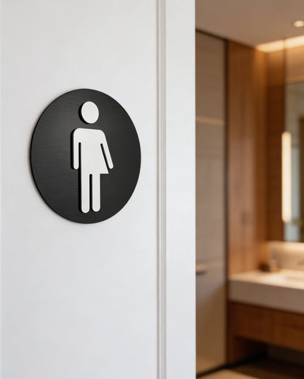 ALUMADESIGNCO unisex toilet sign for doors, premium restroom wayfinding signage for offices, hotels, apartments, and commercial spaces