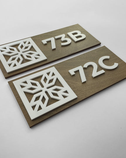 ALUMADESIGNCO wood and acrylic glass suite number sign with minimalist modern design, door signage for hotels, apartments, Airbnb properties, and offices