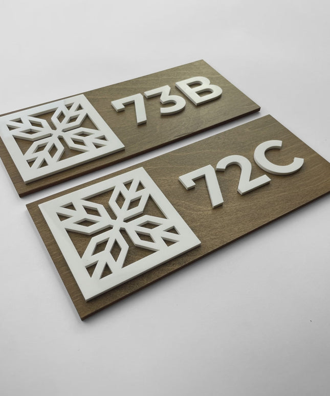 ALUMADESIGNCO wood and acrylic glass suite number sign with minimalist modern design, door signage for hotels, apartments, Airbnb properties, and offices