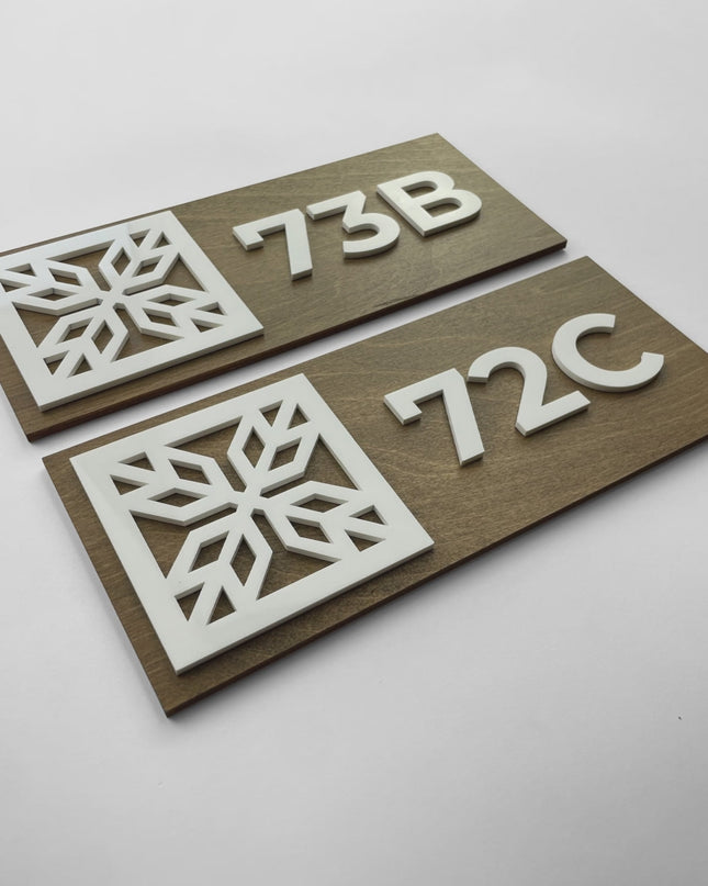 ALUMADESIGNCO wood and acrylic glass suite number sign with minimalist modern design, door signage for hotels, apartments, Airbnb properties, and offices