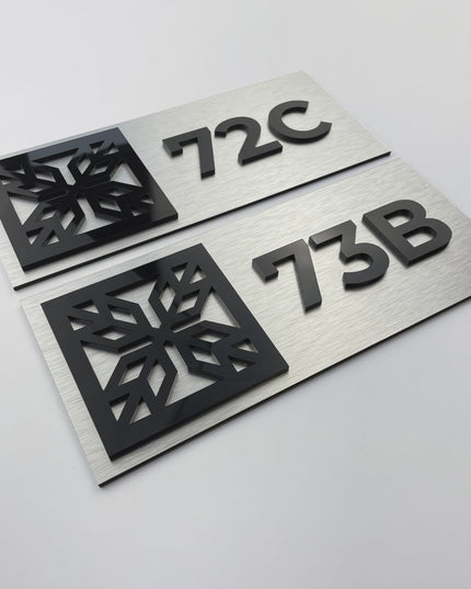 ALUMADESIGNCO brushed silver suite room number sign with acrylic glass numbers, modern signage for hotels, Airbnb properties, and residential buildings