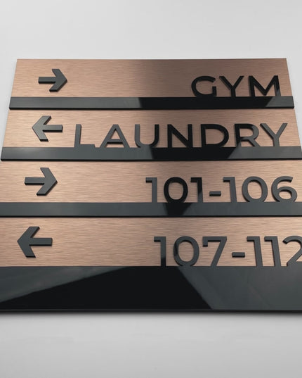 ALUMADESIGNCO directional wall plaque with Bronze Modern styling, premium wayfinding signage for offices, hospitality spaces, apartment buildings, and interiors