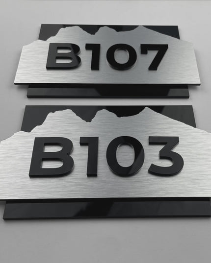 ALUMADESIGNCO Alpine Design suite number sign with modern minimalist style, door signage for hotel suites, apartments, offices, and contemporary spaces