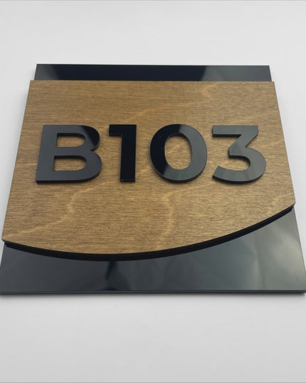 Premium Flow Design custom hotel room number sign by ALUMADESIGNCO featuring birch wood and acrylic numbers, stylish door plaque for hotels, apartments, and offices